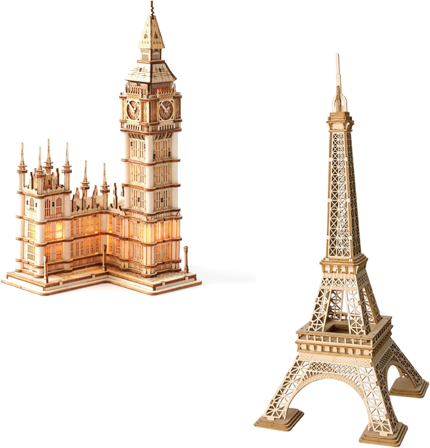 ROBOTIME 3D Puzzle for Adults Wooden Craft Kits DIY Construction Model Kit Big Ben TG507 & Effel Tower TG501