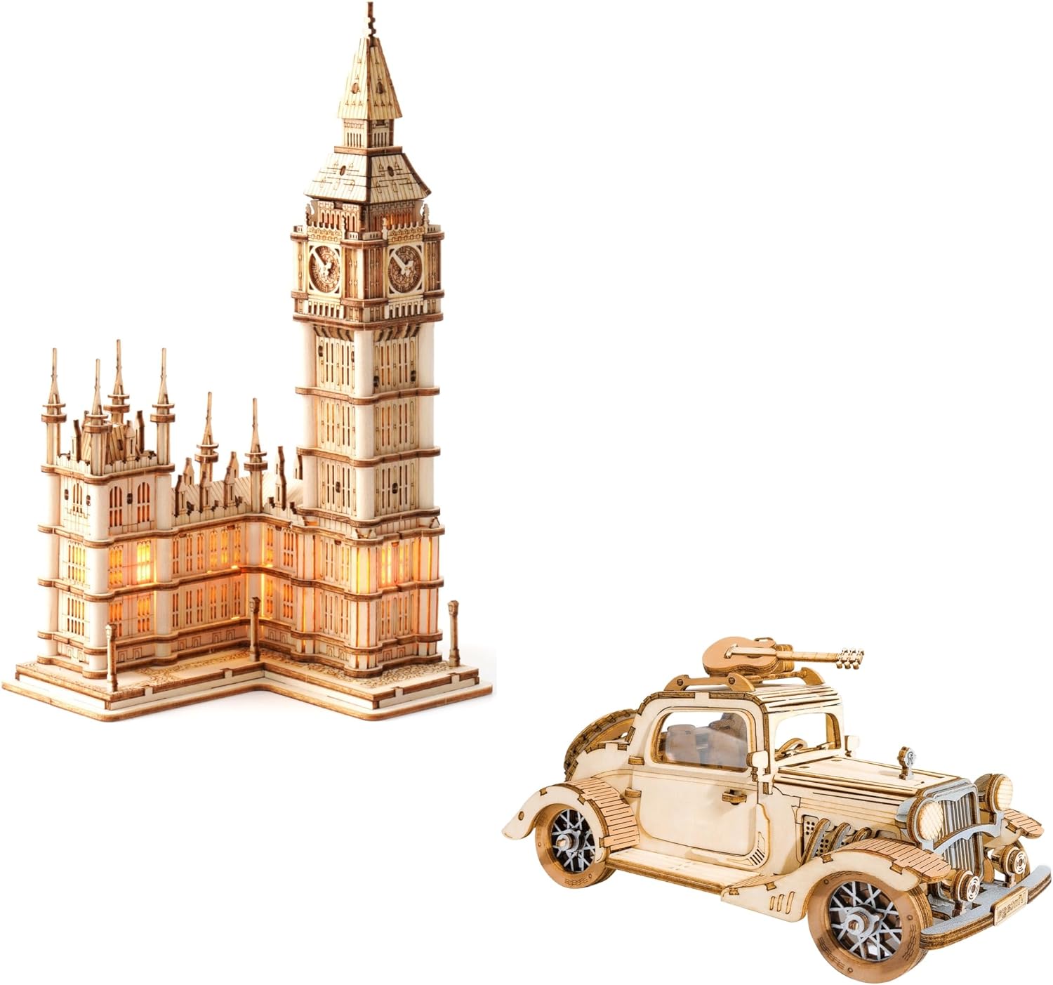 ROBOTIME 3D Wooden Puzzle DIY Model Kit to Build Big Ben TG507 & Vintage Car TG504