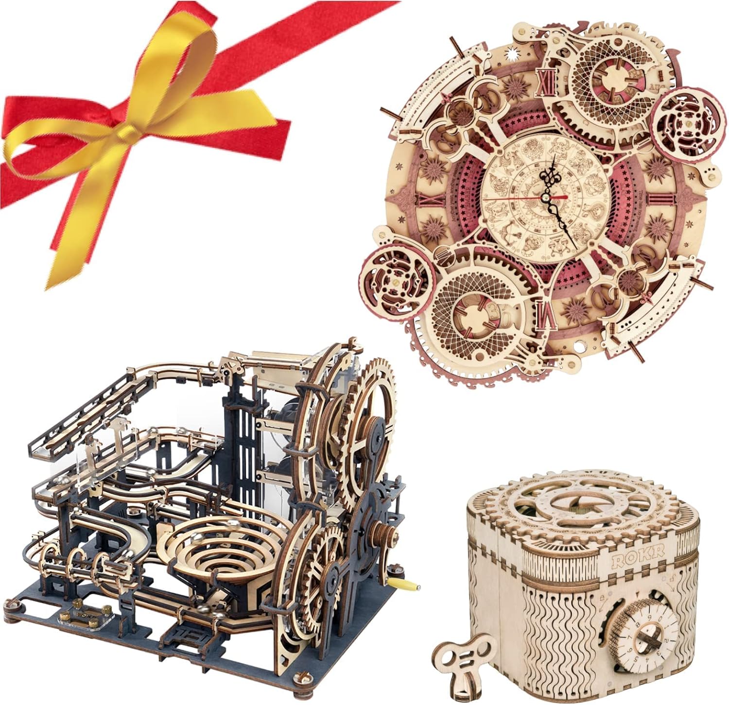 ROKR 3D Wooden Puzzle for Adults Bundle Marble Run & Vintage Puzzle Clock & Treasure Box for Family