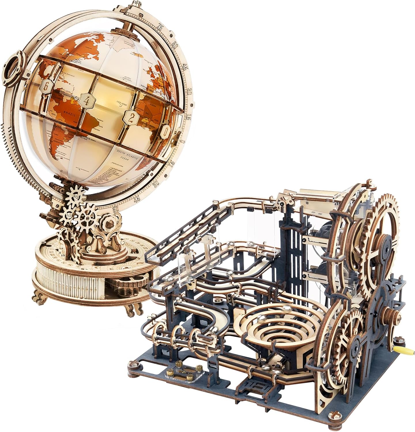 ROKR 3D Wooden Puzzles for Adults Bundle Set - Illuminous Globe & Large Marble Run, Unique Gift Hobby for Boys Girls Family