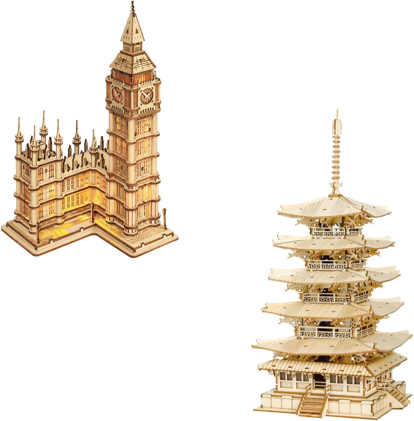 Rowood 3D Wooden Puzzles for Adults, DIY Five-Storied Pagoda Bundle Big Ben,Wooden Model Kits for Adults,Gifts for Teens on Christmas