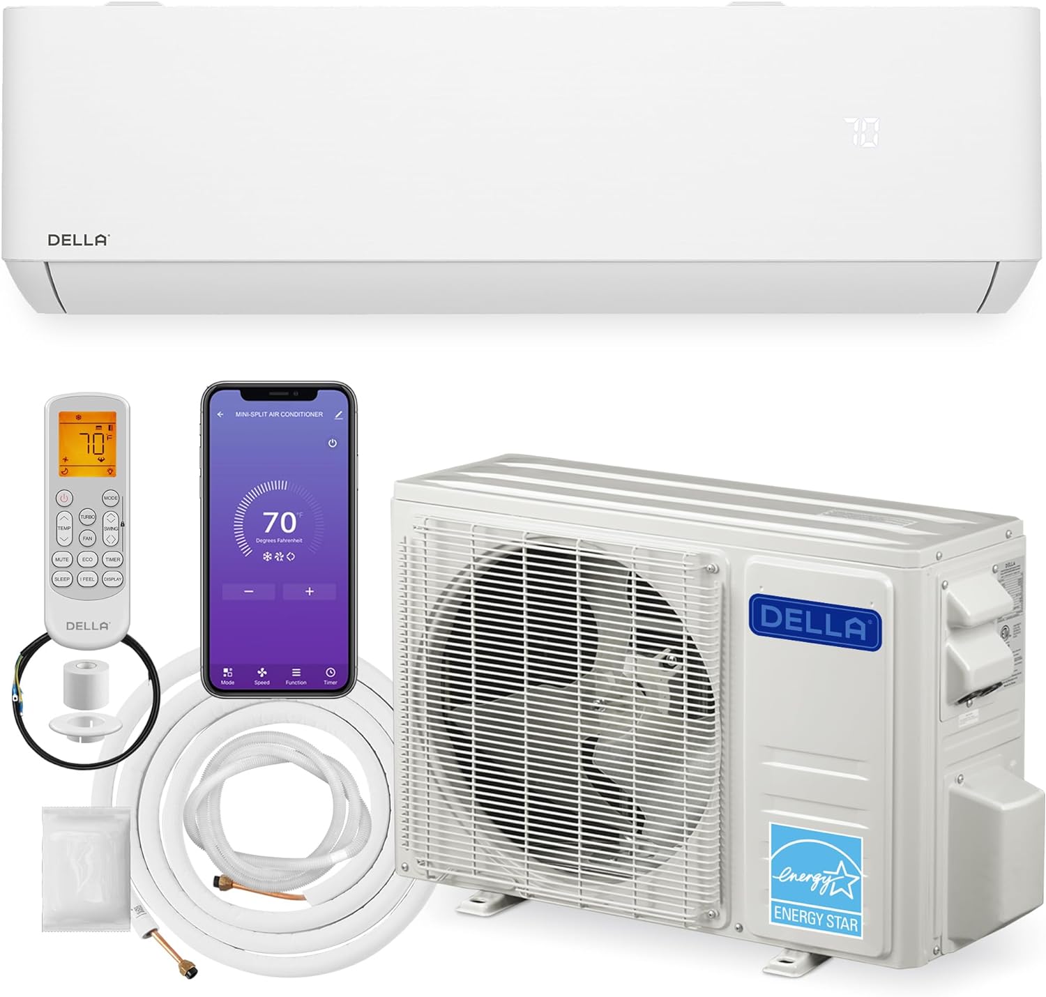 DELLA Optima Series 9000 BTU Wifi Mini Split, Work with Alexa,Energy Star 208/230V 23.5 SEER2 Cools Up to 400 Sq.Ft Inverter Air Conditioner w/0.75 Ton Pre-Charged Heat Pump & 16.4ft Installation Kits