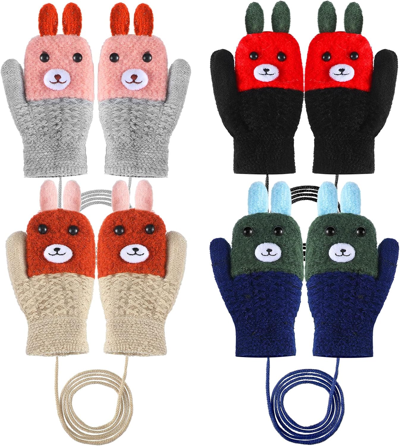 Zhanmai 4 Pairs Winter Toddler Mittens Kids Cartoon Knit Mittens with String Full Finger Fleece Lined Baby Mittens for Girl Boy, 4 Colors