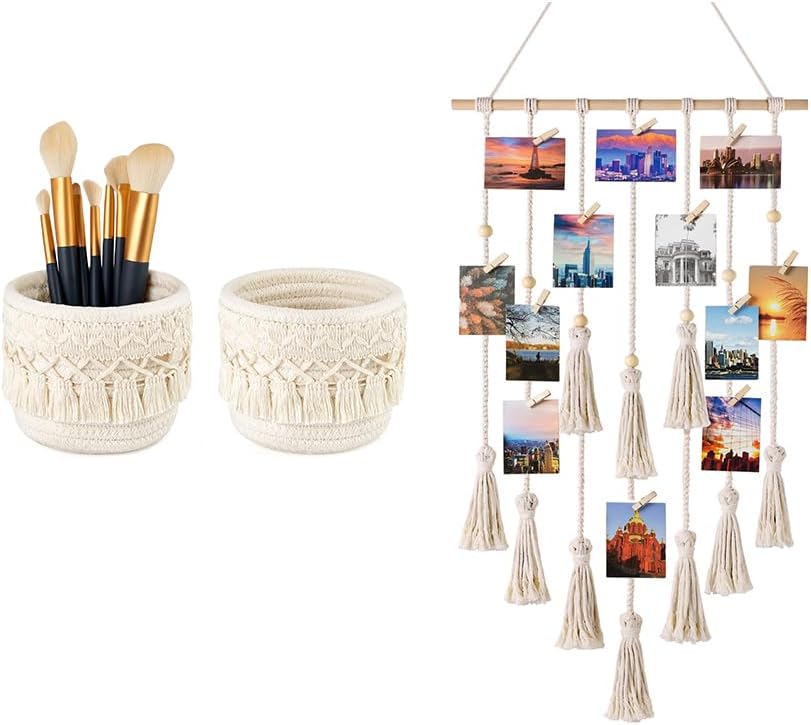 Mkono 2Pcs Macrame Makeup Brush Holder and Macrame Hanging Photo Display with String Light Boho Home Decoration for Bedroom Headboard Living Room Dorm Nursery Apartment Office, Set of 3