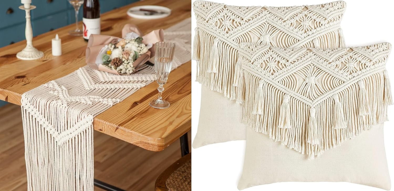 Mkono Macrame Table Runner and Throw Pillow Cover, Woven Wedding Table Decor,Handmade Boho Linen with Tassels Vintage Home Decoration for Dining Room Kitchen Thanksgiving Christmas Party