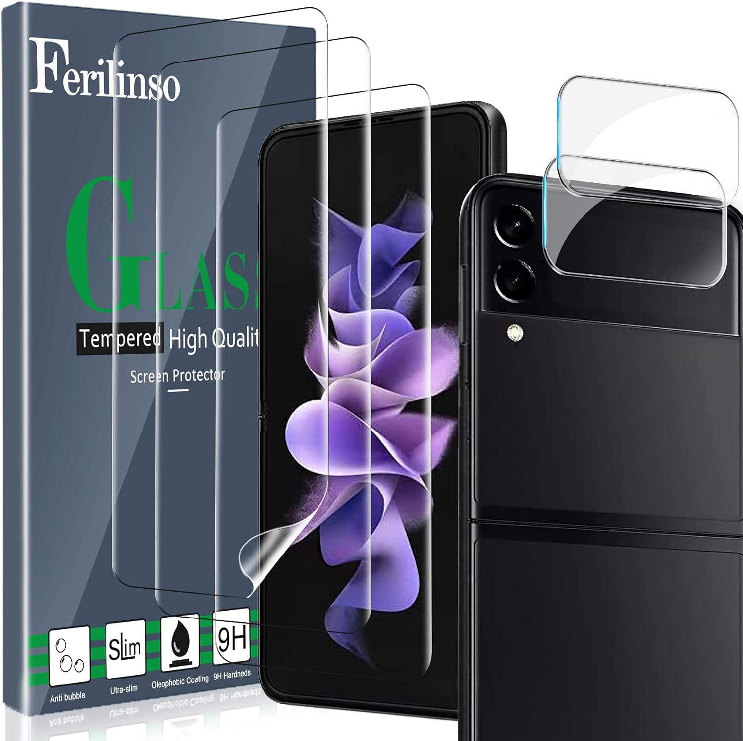 Ferilinso 3 Pack TPU Screen Protector for Samsung Galaxy Z Flip 3 5G with 2 Pack Tempered Glass Camera Lens Protector Phone Case Friendly Ultra Accessories Protector de Pantalla for Samsung Z Flip 3