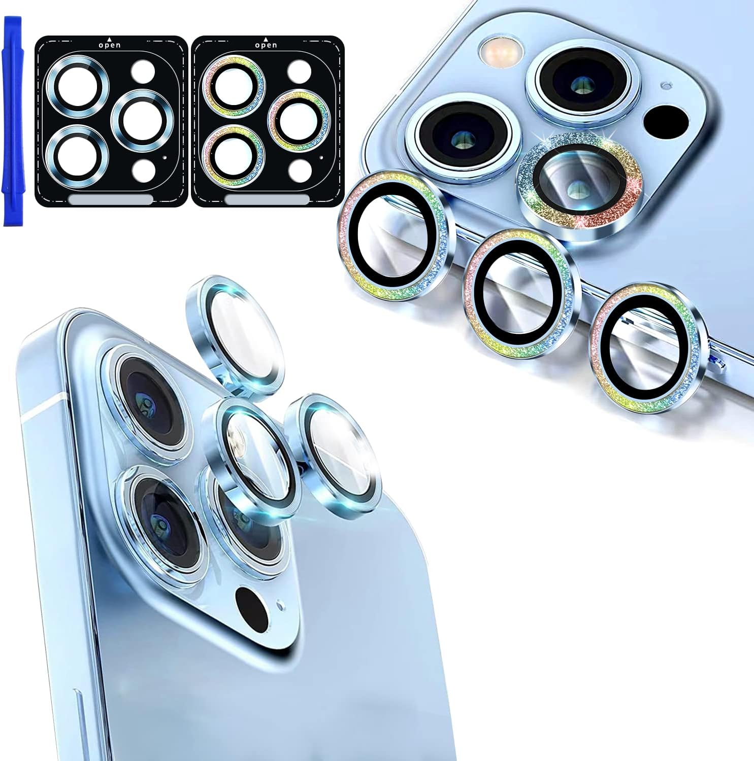 Ferilinso [3+3 Pack] for iPhone 14 Pro & iPhone 14 Pro Max Camera Lens Protector Accessories Camera Cover Titanium Alloy-Space Metal Protection Mounting Base Case Friendly (Sierra Blue/Sparkle Blue)