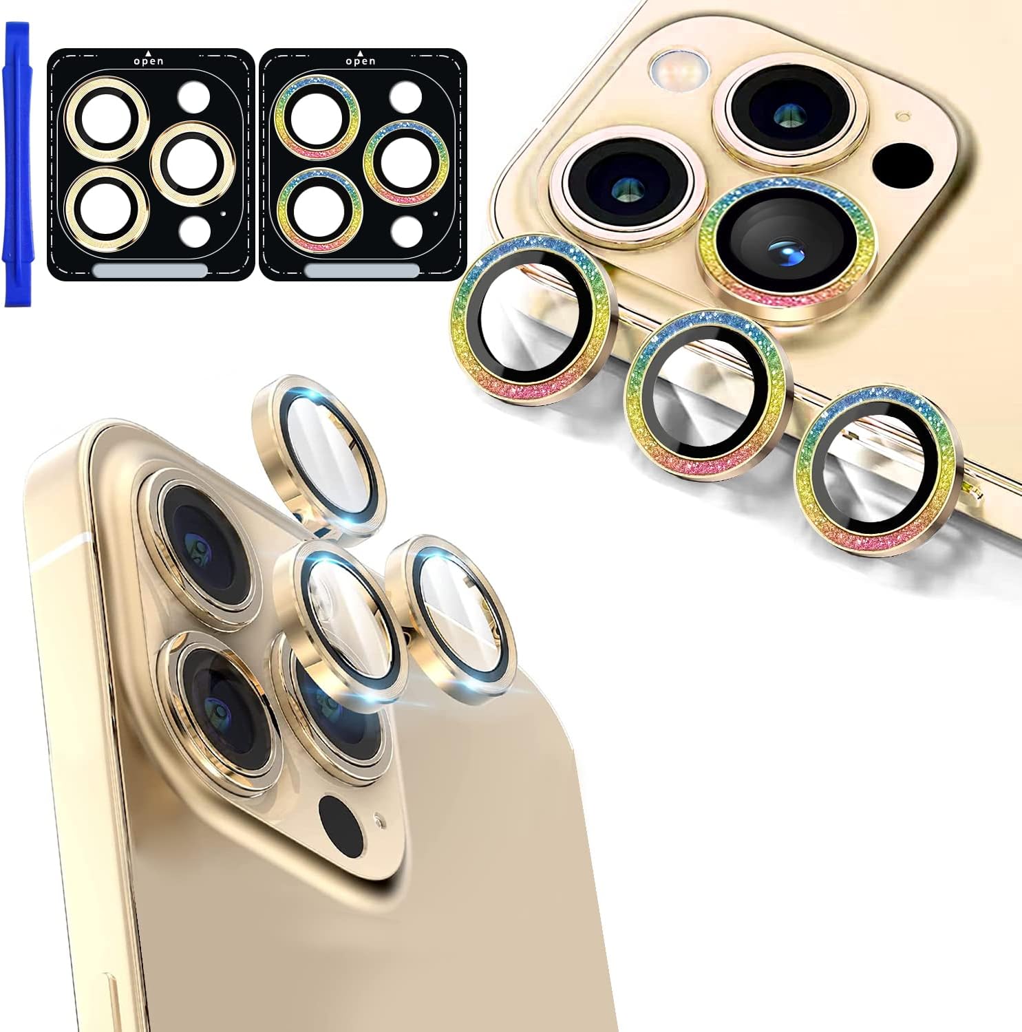 Ferilinso [3+3 Pack] for iPhone 14 Pro & iPhone 14 Pro Max Camera Lens Protector Accessories Camera Cover Titanium Alloy-Space Metal Protection Mounting Base Case Friendly (Gold/Sparkle Gold)