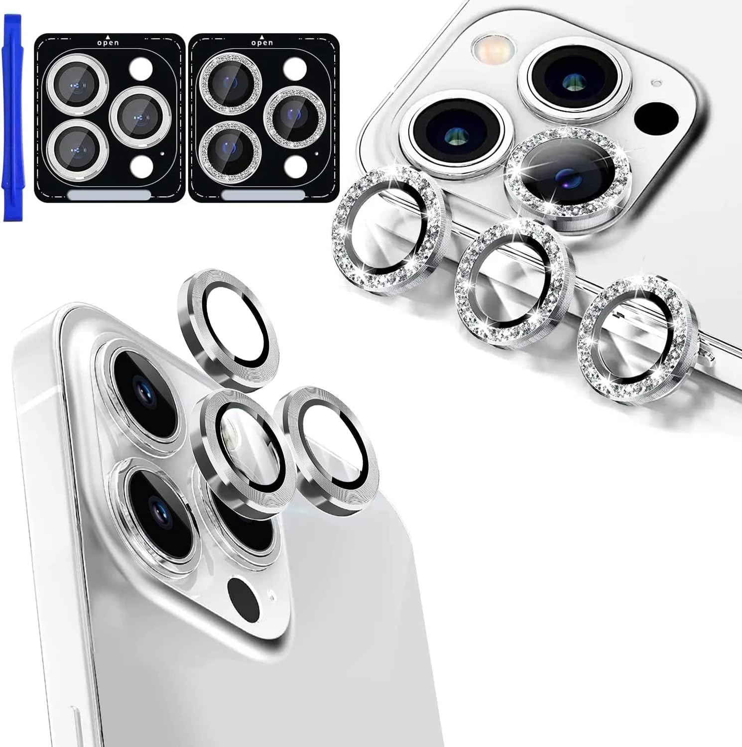 Ferilinso [3+3 Pack] for iPhone 14 Pro & iPhone 14 Pro Max Camera Lens Protector Accessories Camera Cover Titanium Alloy-Space Metal Protection Mounting Base Case Friendly (Silver/Sparkle Silver)