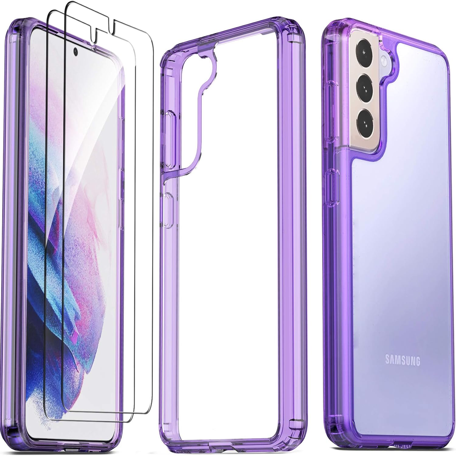 Ferilinso for Samsung Galaxy S21 Case, [NOT Fit S21+ Plus], with 2 Pack Tempered Glass Screen Protector [Hard PC Back TPU Flexible Frame] [Military Grade Protection] [10X Anti-Yellowing]-Purple Cover