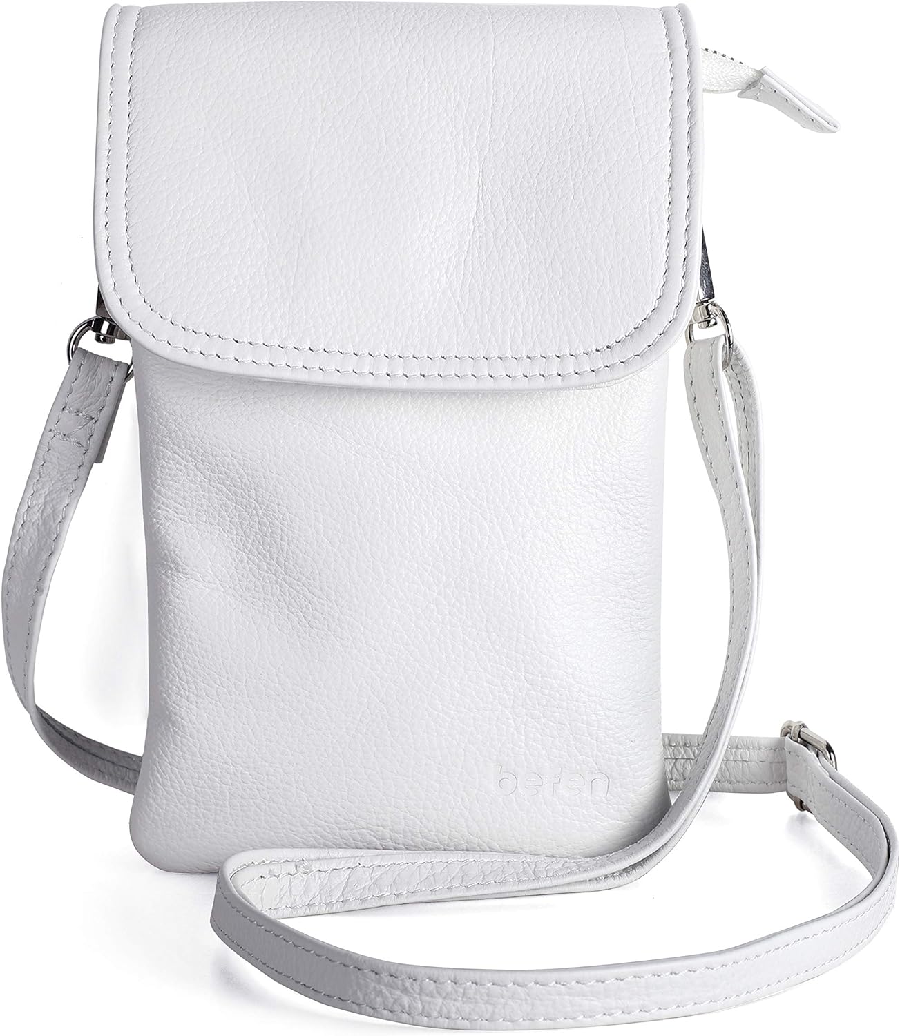 befen Genuine Leather Small Cell Phone Crossbody Bag Purses for Women Cross Body, Silver Zipper