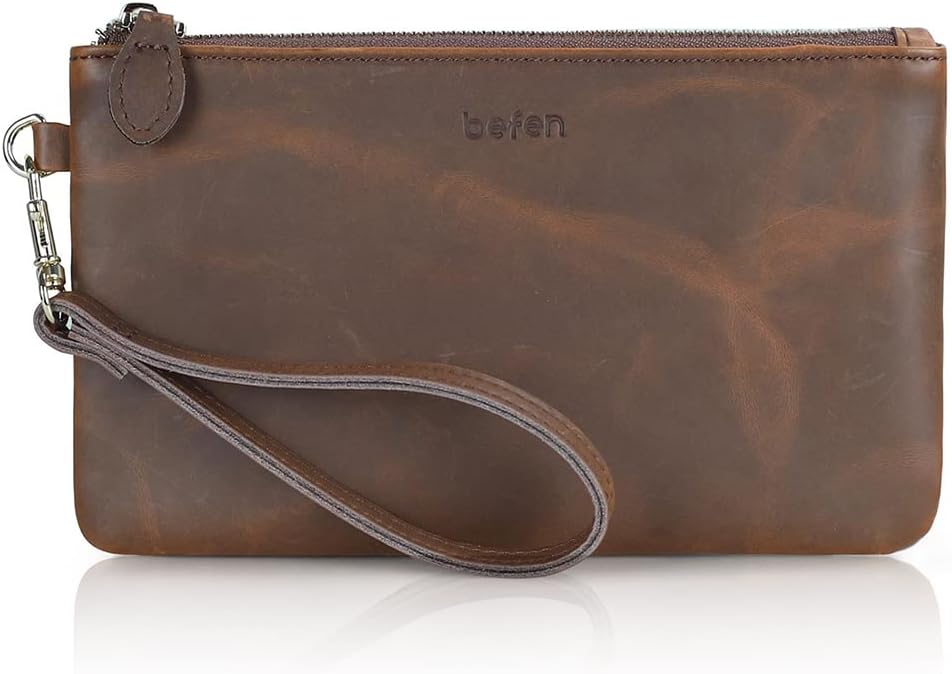 befen Women' Genuine Italian Leather Wristlet Clutch Wallet Purse, Gold Zipper