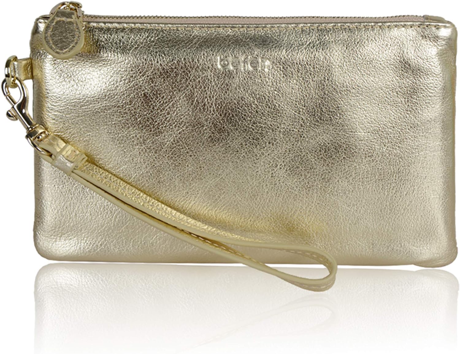 befen Women' Genuine Italian Leather Wristlet Clutch Wallet Purse, Gold Zipper