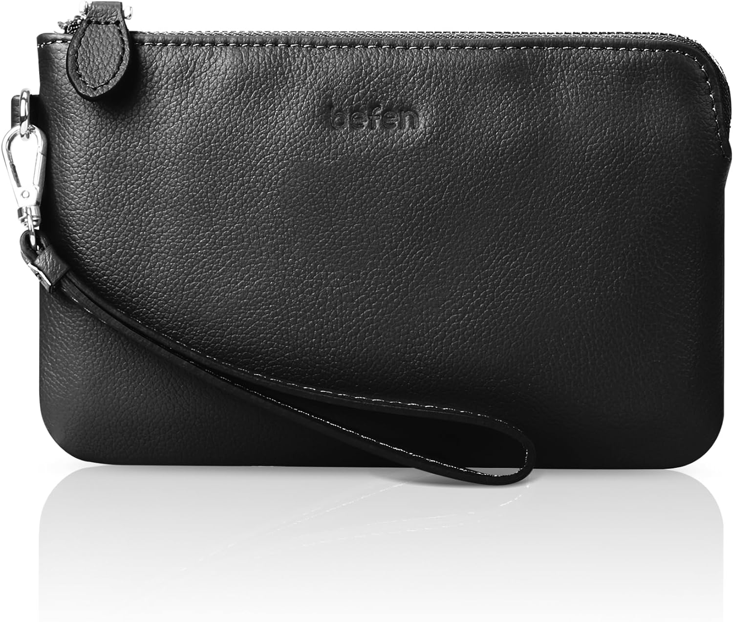 befen Women' Genuine Leather Wristlet Clutch Purse Ladies Slim Corner Zip Wallets, Silver Zipper