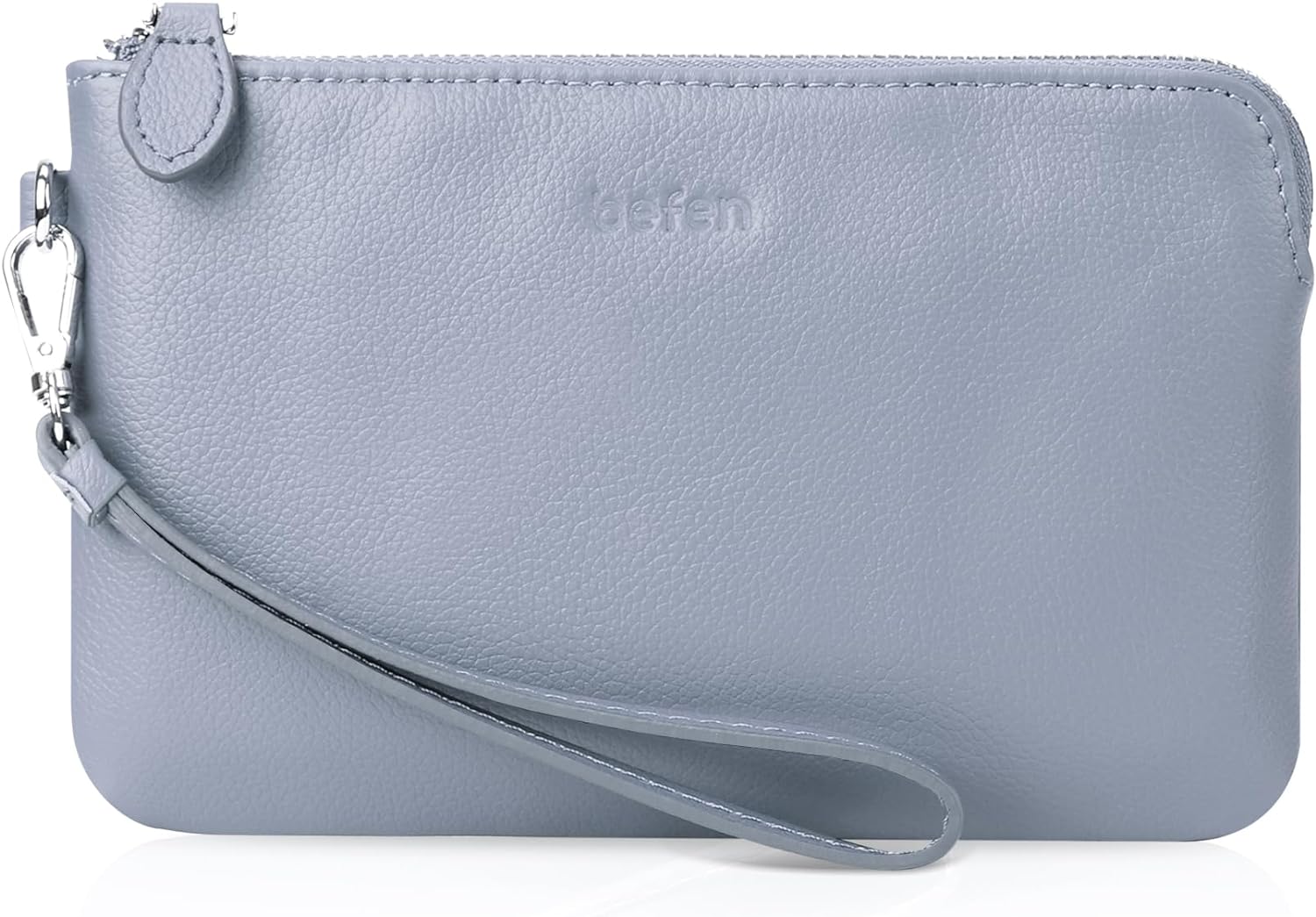 befen Women' Genuine Leather Wristlet Clutch Purse Ladies Slim Corner Zip Wallets, Silver Zipper