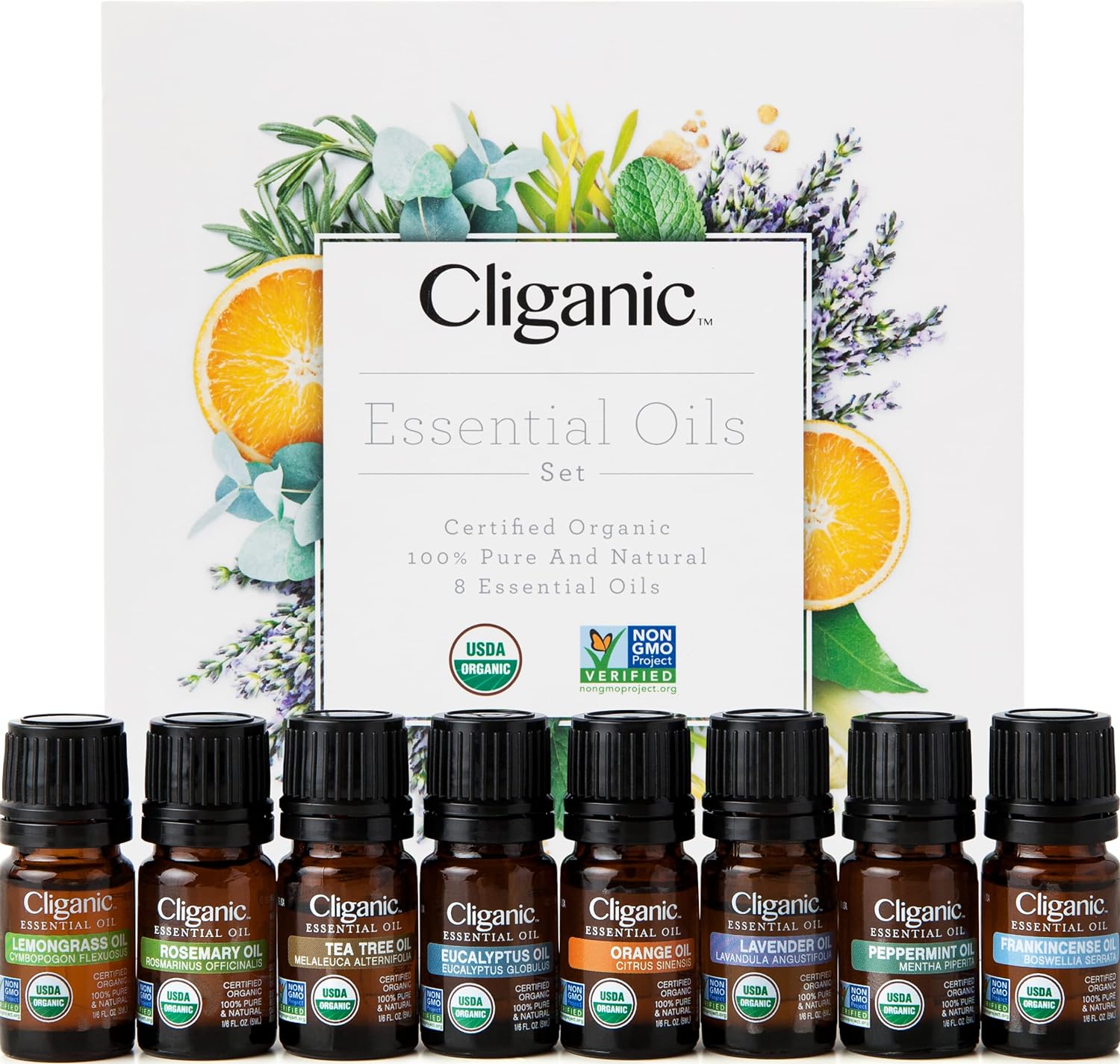 Cliganic Organic Aromatherapy Essential Oils Gift Set (Top 8), 100% Pure - Peppermint, Lavender, Eucalyptus, Tea Tree, Lemongrass, Rosemary, Frankincense & Orange