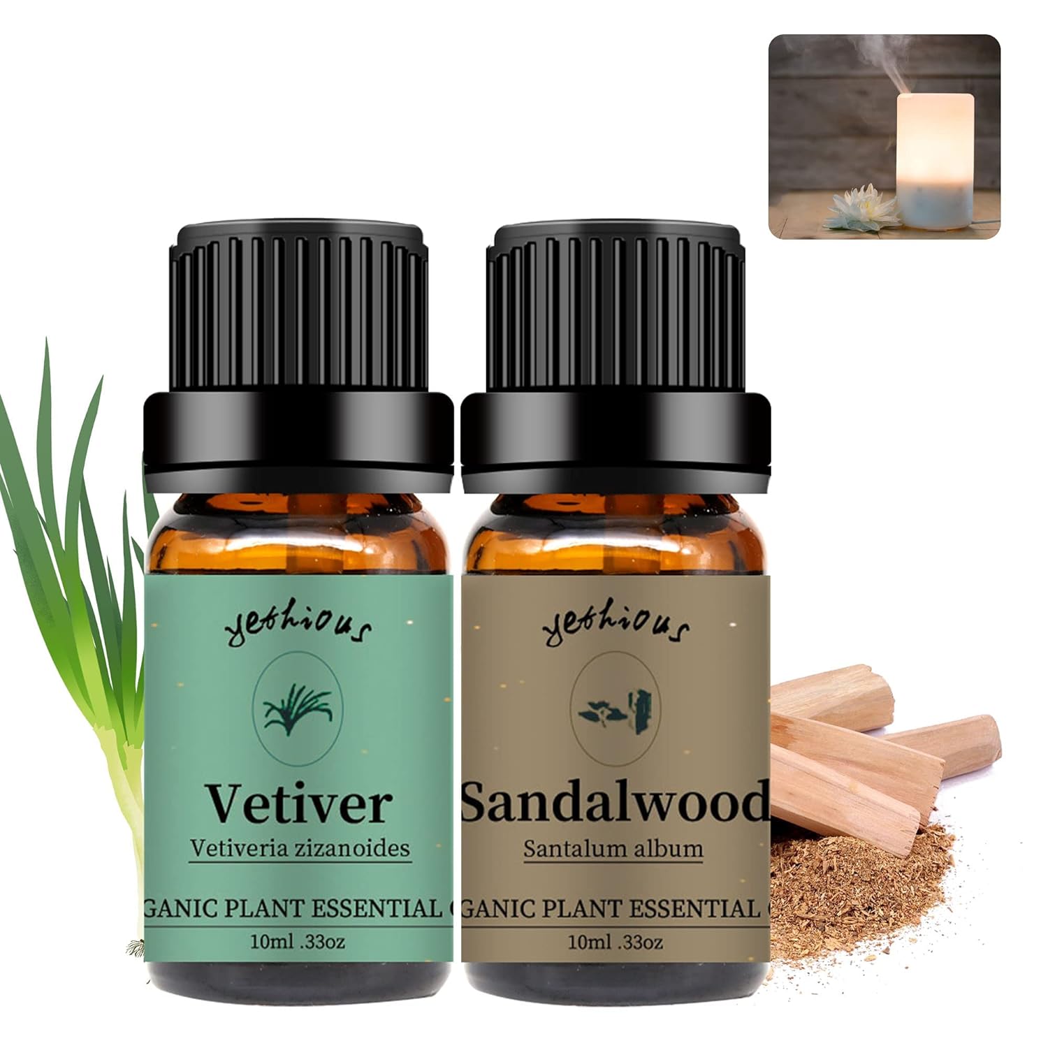 yethious Sandalwood Vetiver Essential Oil Set 100% Pure Organic Undiluted Aromatherapy Oils for Diffuser, Skin, Hair, Perfume, Soap, Candle Making 2 x 10ML