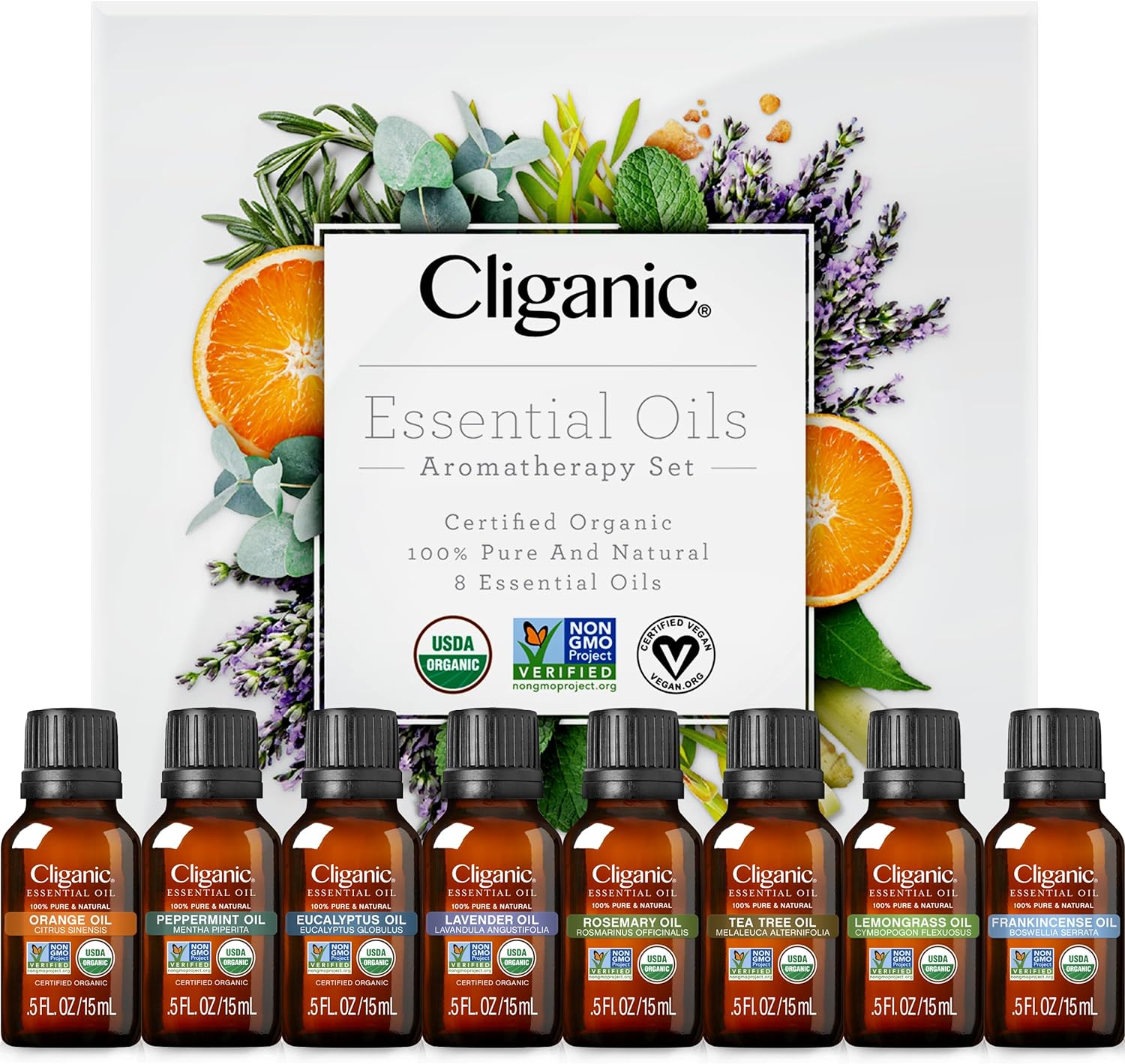 Cliganic Organic Aromatherapy Essential Oils Gift Set (Top 8), 100% Pure - Peppermint, Lavender, Eucalyptus, Tea Tree, Lemongrass, Rosemary, Frankincense & Orange