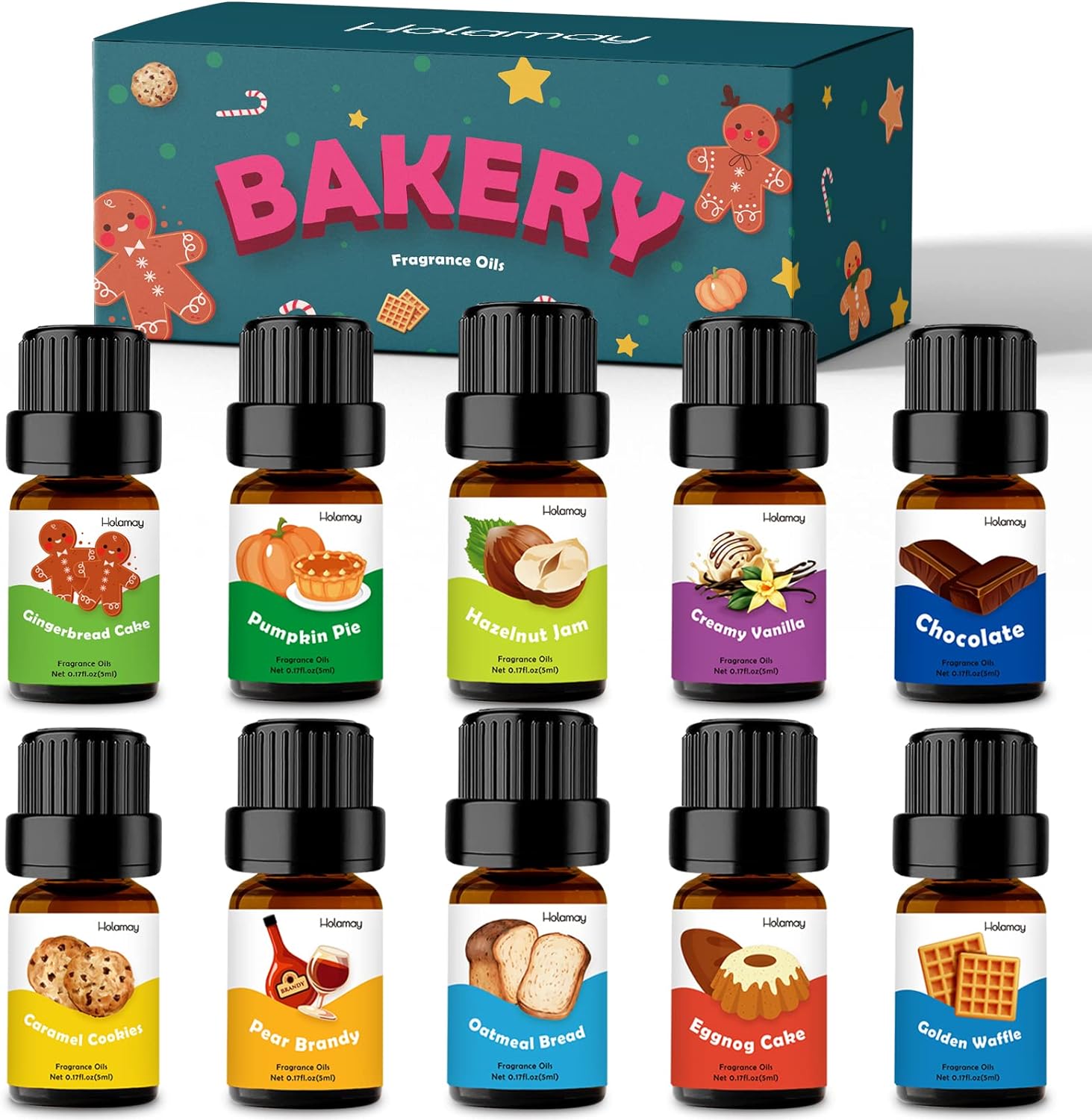 Bakery Fragrance Oils, Holamay Scented Oils for Soap & Candle Making, Aromatherapy Essential Oils for Diffuser (10 Packs of 5ml) - Creamy Vanilla, Gingerbread, Chocolate, Pumpkin Pie and More