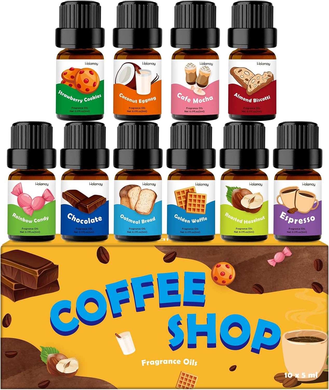 Fragrance Oil for Candle & Soap Making, Holamay Coffee Shop Premium Aromatherapy Essential Oils for Diffuser - Espresso, Cafe Mocha, Chocolate, Almond Biscotti and More Scented Oils