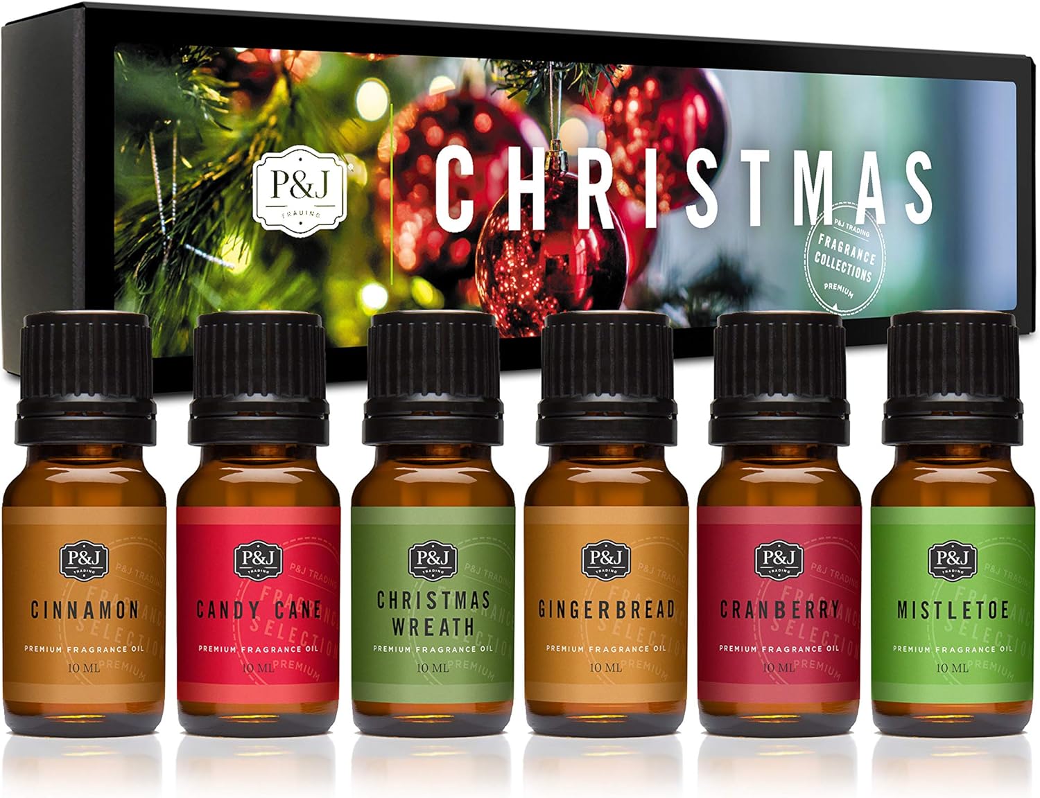 P&J Fragrance Oil Christmas Set | Christmas Wreath, Mistletoe, Candy Cane, Gingerbread, Cinnamon, and Cranberry Candle Scents, Freshie Scents, Candle/Soap Making Supplies