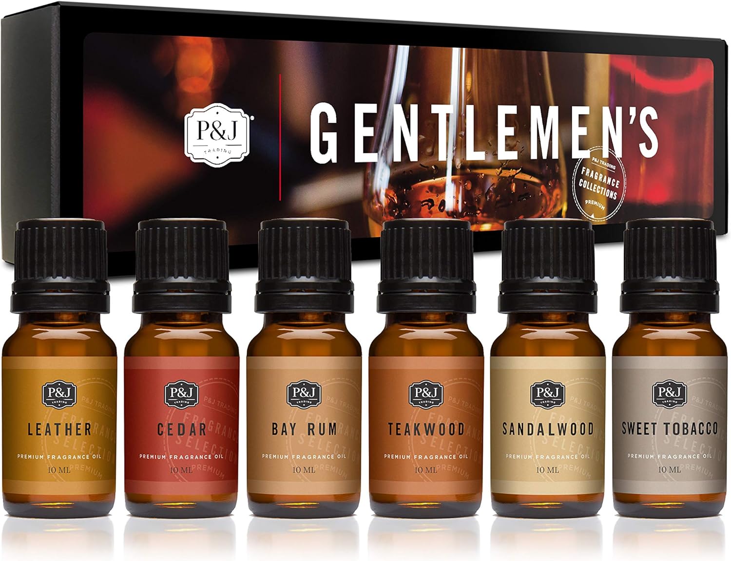 P&J Trading Fragrance Oil Gentlemen' Set | Leather, Sweet Tobacco, Teakwood, Bay Rum, Cedar, Sandalwood Candle Scents for Candle Making, Freshie Scents, Soap Making Supplies, Diffuser Oil Scents