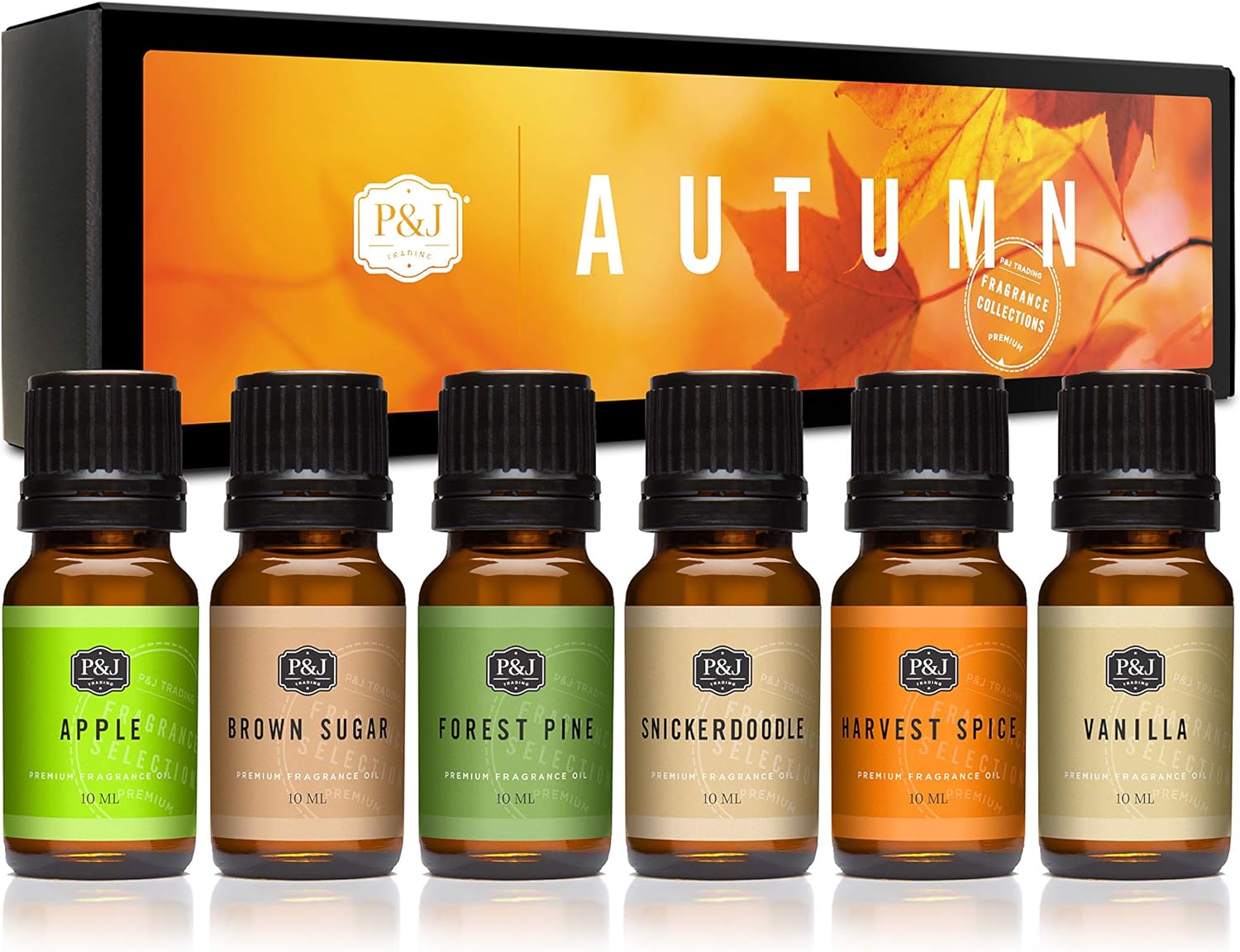 P&J Fragrance Oil Autumn Set | Brown Sugar, Apple, Harvest Spice, Vanilla, Forest Pine, and Snickerdoodle Scents for Candle Making, Freshie Scents, Soap Making Supplies, Diffuser Oil Scents