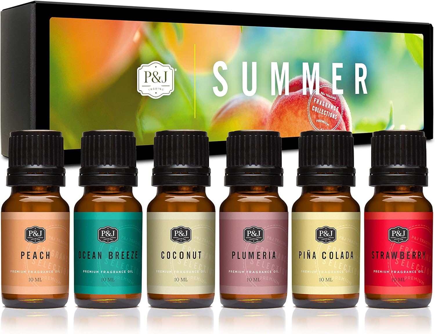 P&J Trading Summer Set of 6 Fragrance Oils - Peach, Strawberry, Plumeria, Coconut, Ocean Breeze, Pina Colada Candle Scents, Soapmaking, Diffuser Oil