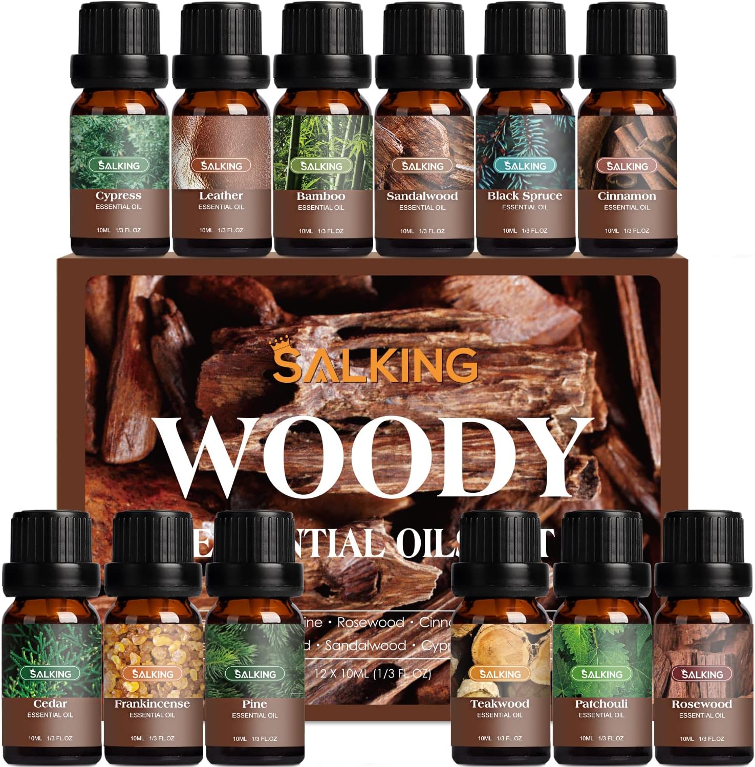 SALKING Woodsy Essential Oils Set for Men, Masculine Essential Oils, 12 x 10ml Natural Fragrance Essential Oils for Diffuser, Candle & Soap Making, Manly Essential Oil Gift for Husband