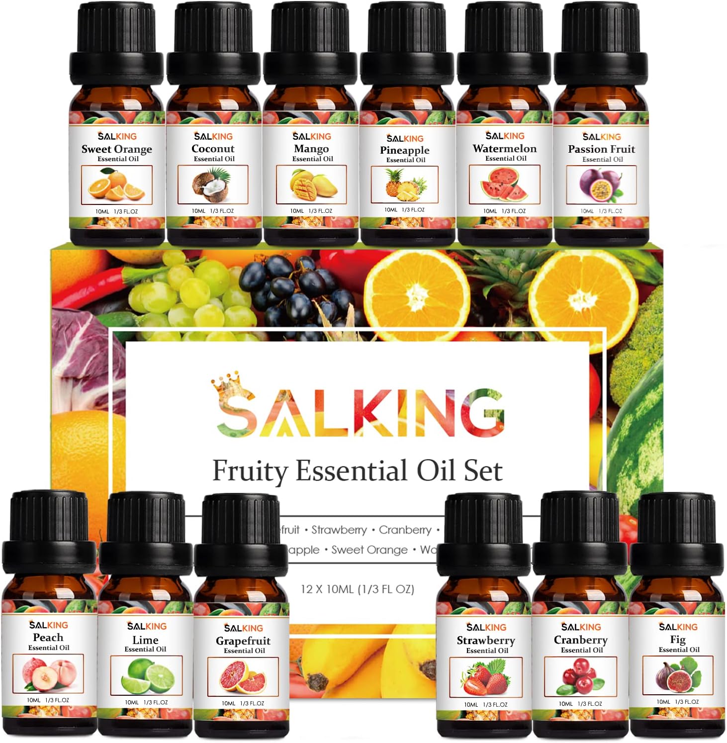 SALKING Fruity Essential Oils Set, 12 x 10ML Diffuser Fragrance Oils Essential Oil Gift Set for Candle & Soap Making - Cranberry, Mango, Lime, Sweet Orange, Peach, Grapefruit, Pineapple,Strawberry