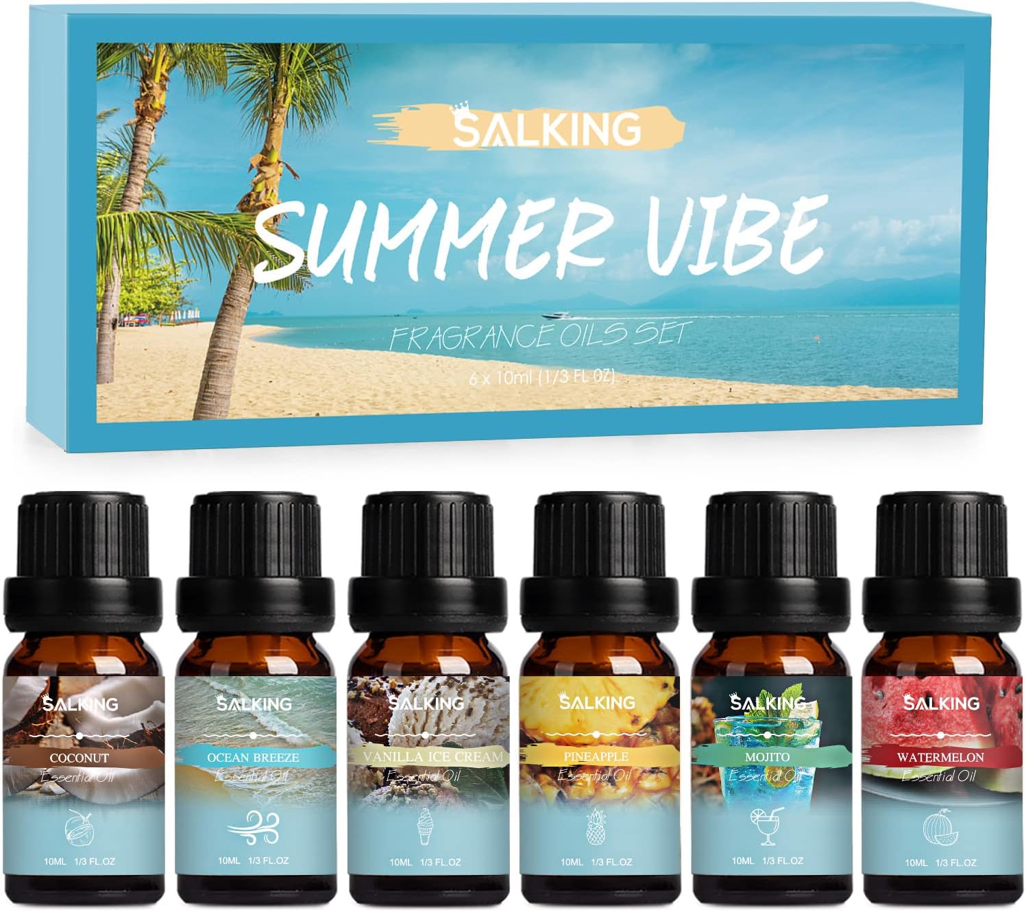 SALKING Summer Fragrance Oils Set, Premium Essential Oils Gift Set for Diffuser, Scented Oil for Soap & Candle Making - Ocean Breeze, Mojito, Coconut, Pineapple, Watermelon, Vanilla Ice Cream