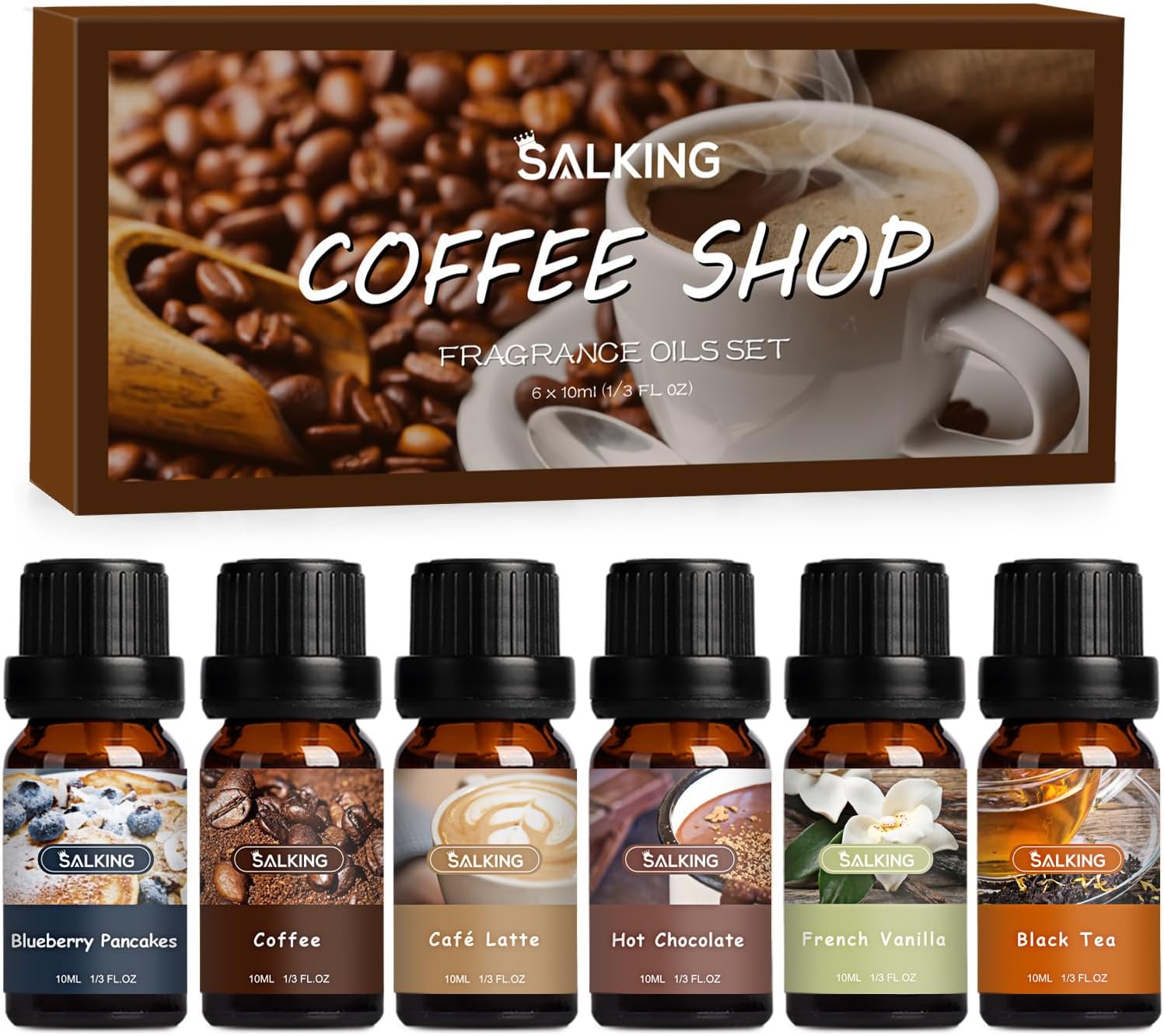 SALKING Coffee Shop Fragrance Oils Set, Premium Essential Oils Set for Diffuser, Scented Oil for Soap & Candle Making - Blueberry Pancakes, Coffee, Caf Latte, Hot Chocolate, French Vanilla, Black Tea