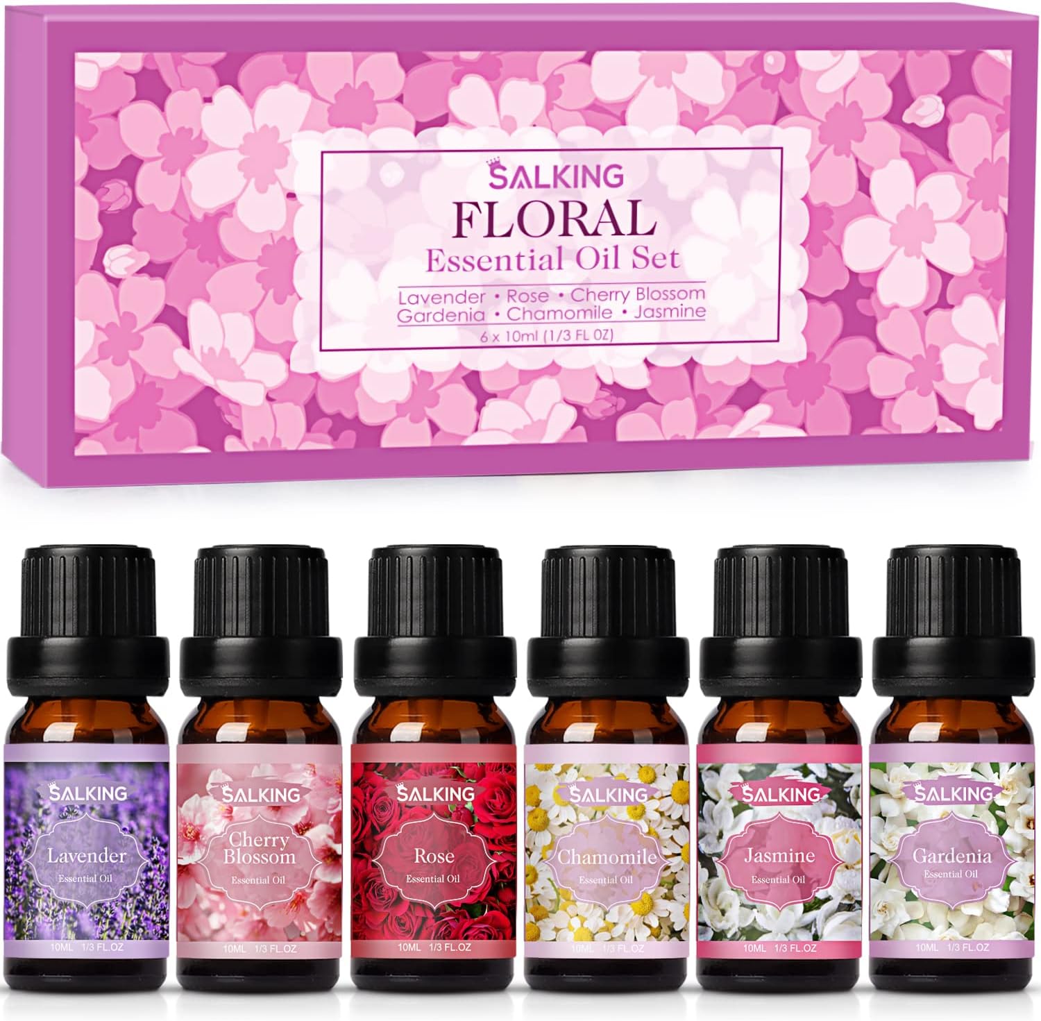 SALKING Floral Essential Oils Set, Premium Pure and Natural EssentialOils, Fragrance Oil Scented Oils for Oil Diffusers 6 x 10 ML - Lavender, Rose, Jasmine, Cherry Blossom, Gardenia, Chamomile