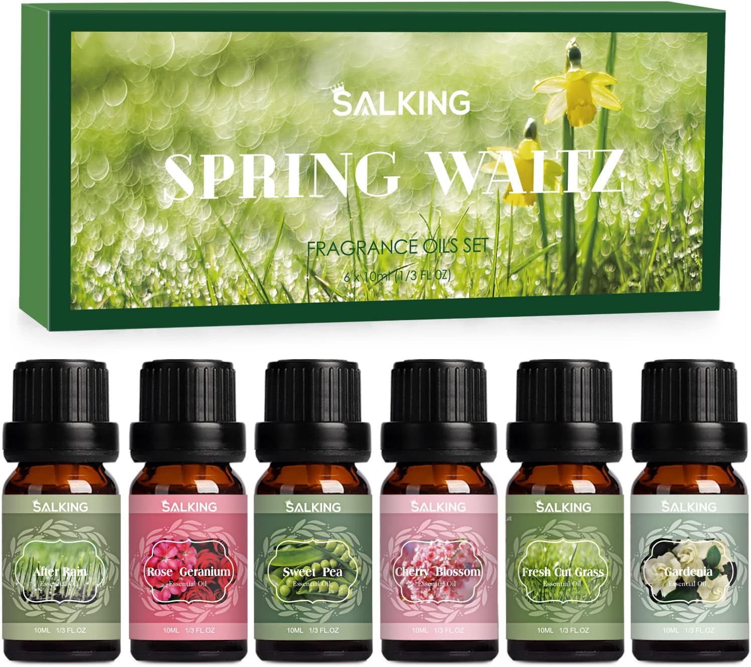 SALKING Spring Fragrance Oils Set, Premium Essential Oils Gift Set for Diffuser, Scented Oil for Soap & Candle Making - After Rain, Fresh Cut Grass, Sweet Pea, Rose Geranium, Cherry Blossom, Gardenia