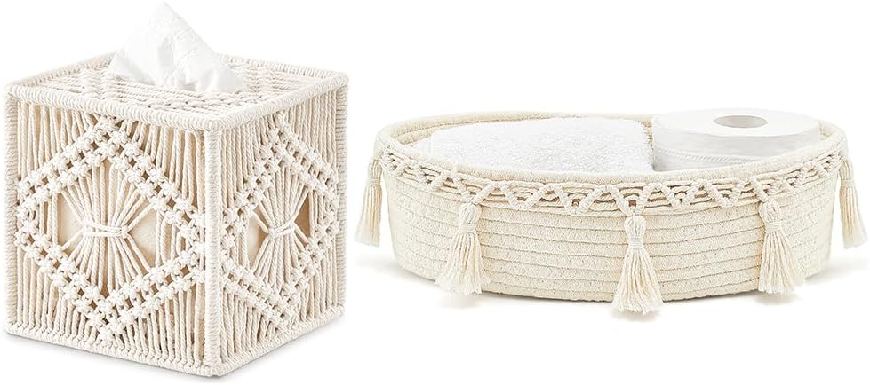 Mkono Tissue Box Cover and Macrame Storage Basket for Toilet Tank Boho Decor Centerpieces Coffee Table Decor for Bedroom Living Room Home Office, Set of 2
