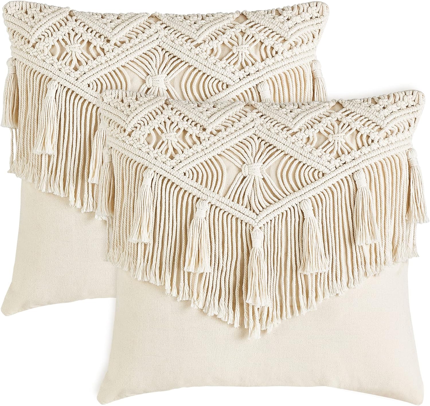 Mkono Boho Throw Pillow Covers, Macrame Square Pillow Cases with Tassels for Bed Sofa Bench Car Stylish Cushion Room Decor, Christmas New Year Gifts, Set of 2 Decorative Cushion Cover (17x17)