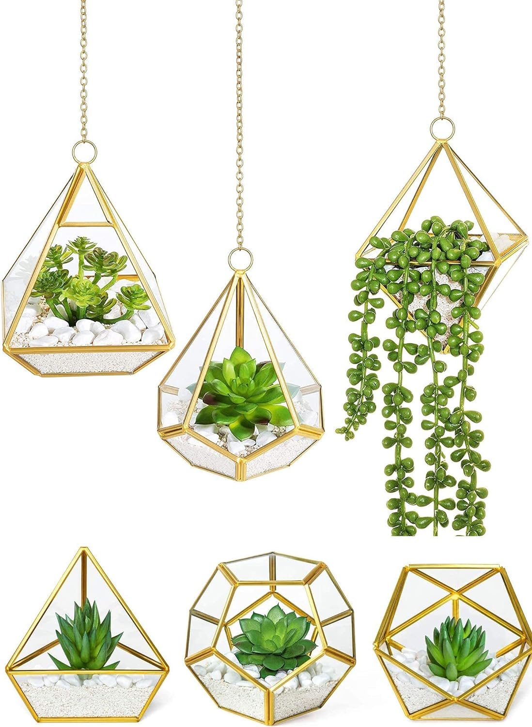 Mkono Office Decor for Desk, 3 Pack Mini Tabletop Glass Geometric Terrarium and 3 Pack Hanging Glass Plant Terrarium with Artificial Plants Miniature Potted Boho Room Decor for Dorm Wedding Gift Idea