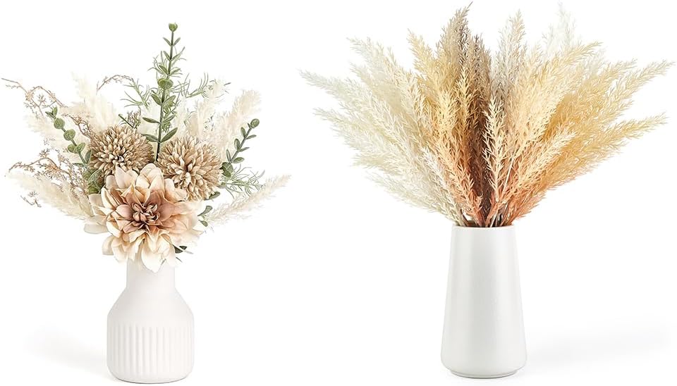 Mkono Artificial Flowers in Ceramic Vase and Faux Pompous Grass in Ceramic Vase Boho Decor Centerpieces Table Decorations for Kitchen Bedroom Living Room Home Office, Set of 2