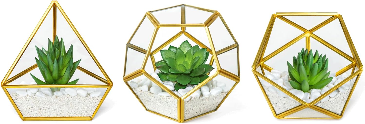 Mkono Artificial Succulent in 3 Pack Mini Glass Geometric Terrarium, Miniature Potted Faux Plant Bookshelf Desk Boho Office Room Decor for Women Girls Dorm Gift Idea, Gold