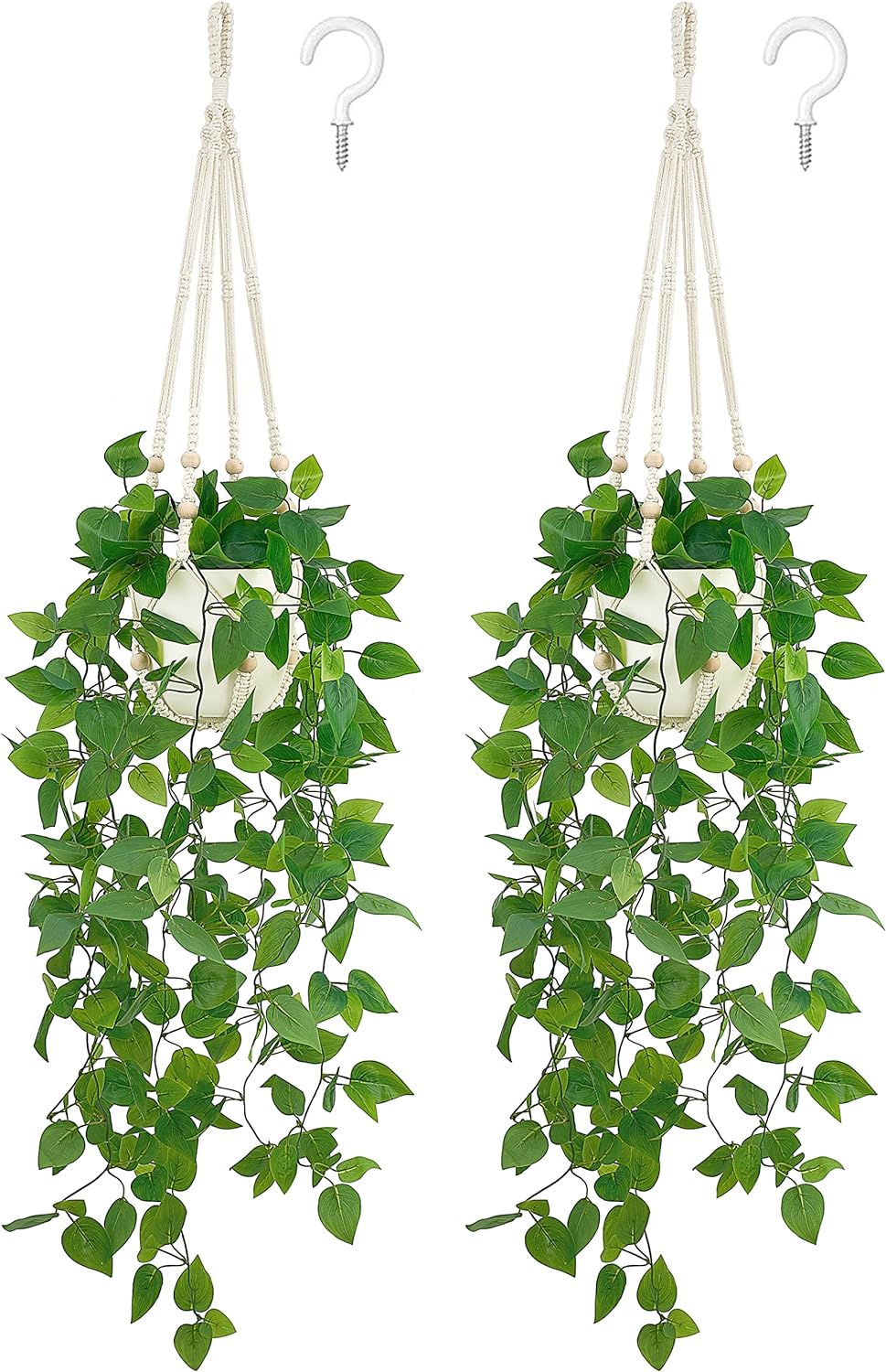 Mkono 2 Packs Artificial Hanging Plants for Home Decor - Macrame Plant Hanger with Faux Vine and Pot for Bedroom, Bathroom, Office - Ivory (Pothos)