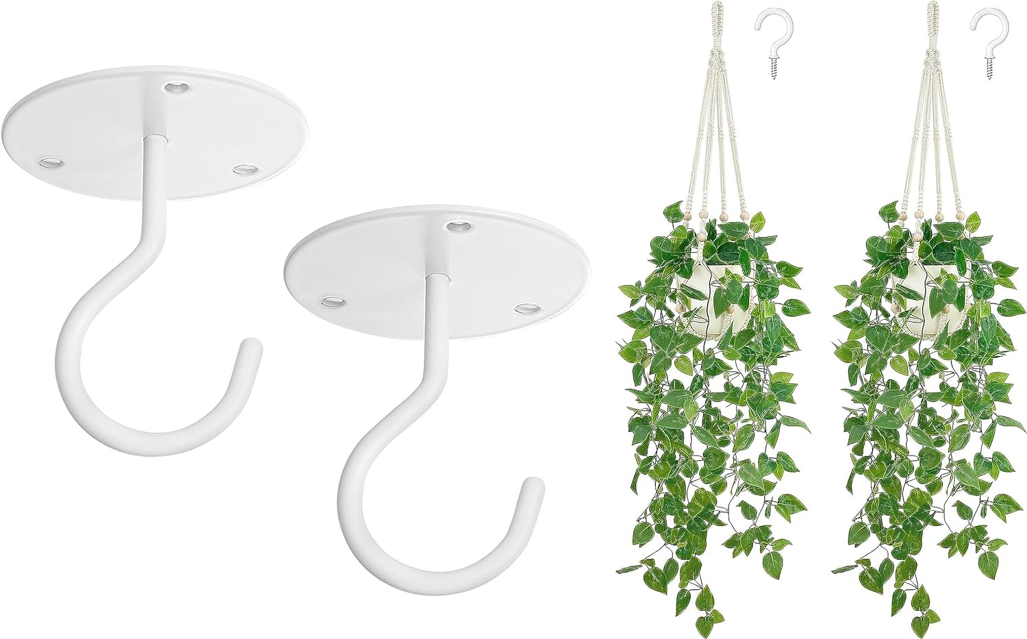 Mkono 2 Packs Fake Hanging Plant with Pot and Ceiling Hooks, Artificial Plants for Home Decor Indoor Macrame Plant Hanger with Fake Vines Faux Hanging Planter Greenery for Room Decor, Ivory (Pothos)