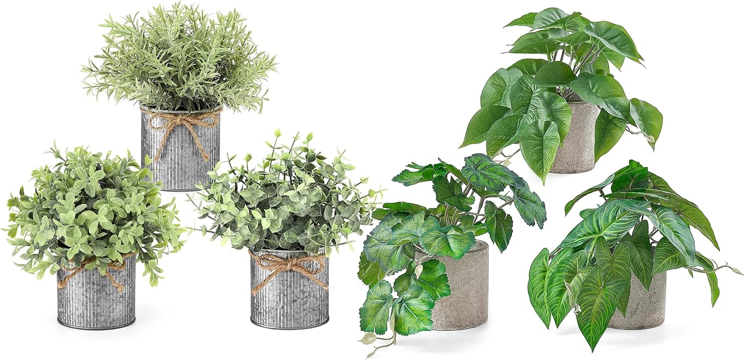 Mkono Fake Plant in Farmhouse Plant Pots Table Centerpiece Rustic Home Decor, 3 Pack Faux Green Potted Artificial Plants for Indoor Shelf Dining Room Office Decor