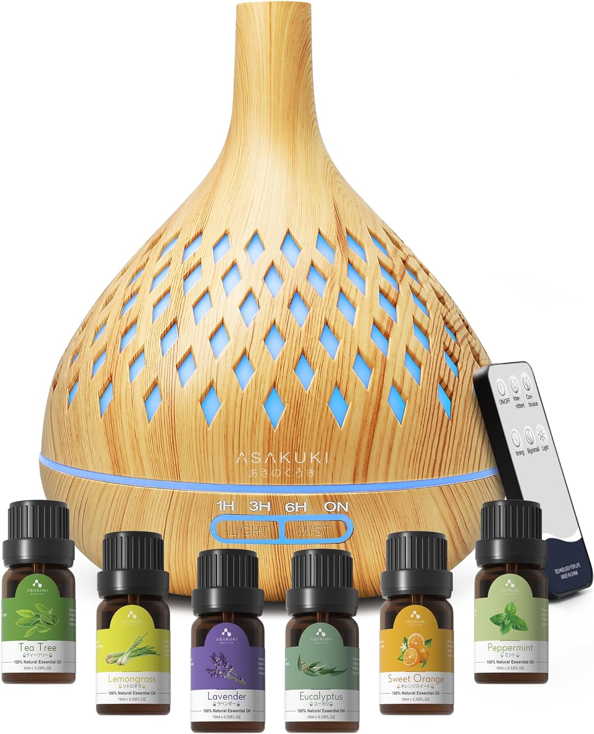 ASAKUKI Essential Oil Diffuser Set, 400ML Remote Control Diffuser with Top 6 Natural Essential Oils, 14 LED Colors and Auto Shut-Off