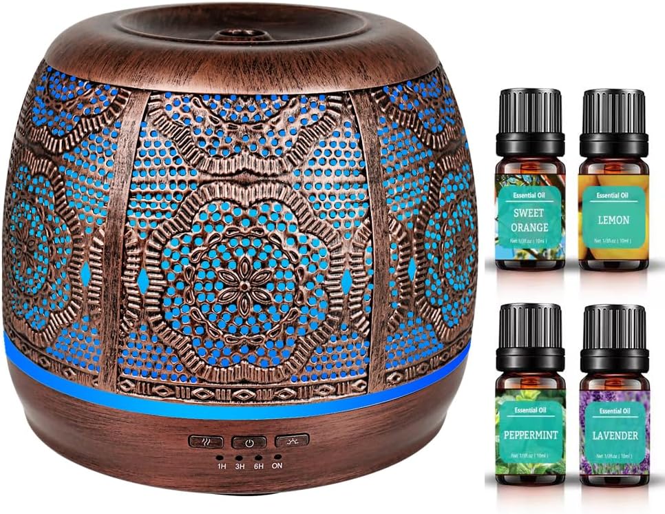 Essential Oil Diffuser, 500ML Upgraded Metal Diffusers with Lavender Lemon Orange Peppermint Essential Oils, Aromatherapy Diffuser Cool Mist Humidifier with Waterless Auto Shut-Off for Home & Office