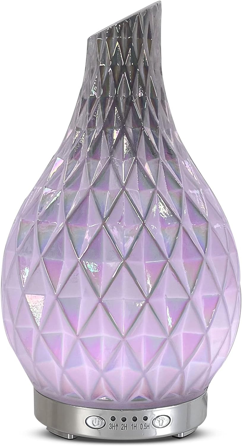 MAXWINER Essential Oil Diffuser Handmade Art Glass Aromatherapy Ultrasonic Humidifier with 7 Colors Lights Changing, Waterless Auto Shut-Off, Time Setting for Home, Office, Room 120ml (Diamond)