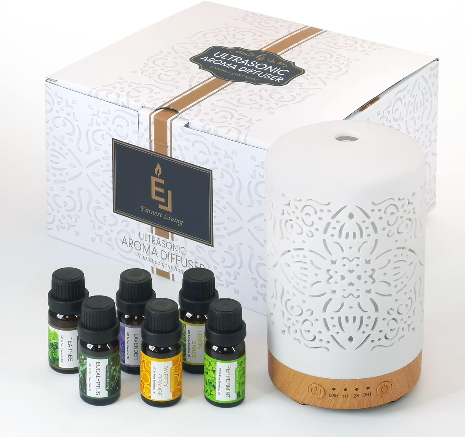 Earnest Living Essential Oil Diffuser Gift Set White Ceramic Diffuser 100 ml & Essential Oil Set Timers Night Lights Auto Off Function Home Office Humidifier Aromatherapy Diffusers for Essential Oils