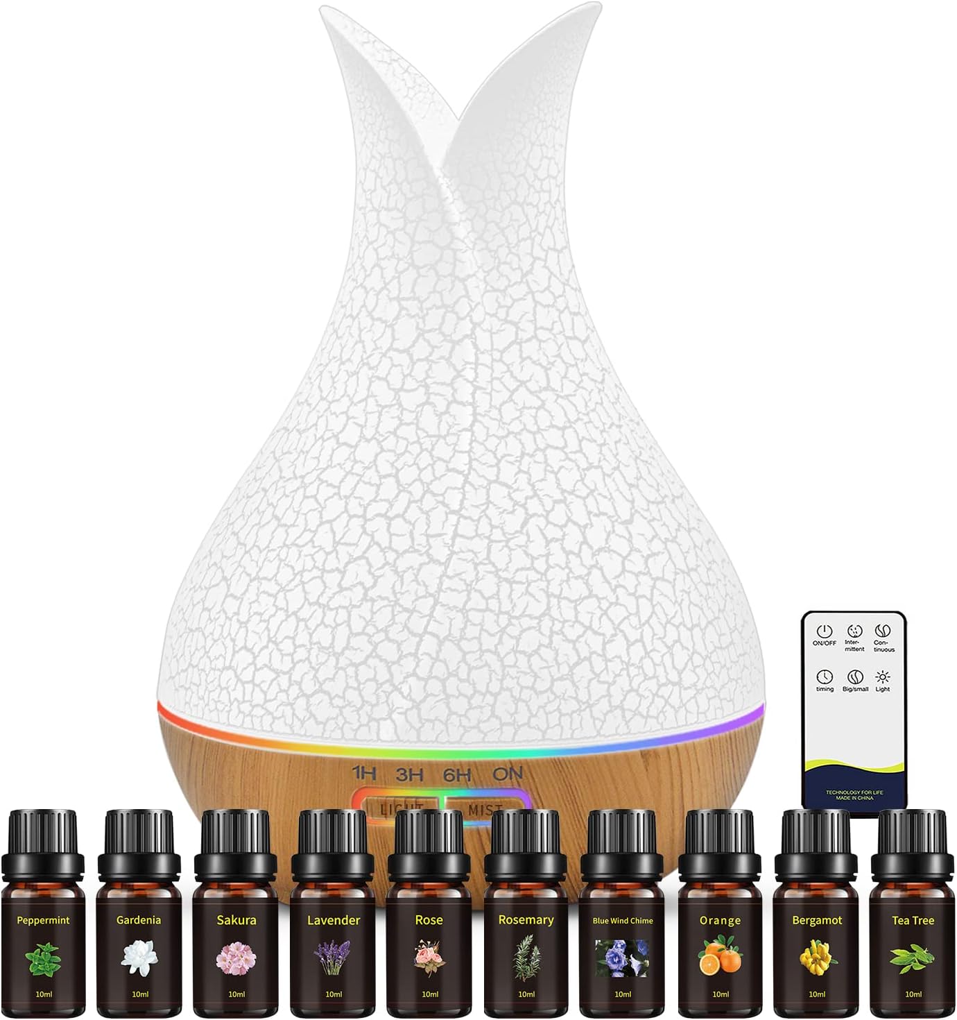 500ML Essential Oil Diffuser with 10 Essential Oils Gift Set, Aromatherapy Diffuser Humidifier with 2 Mist Mode 4 Timers 7 Ambient Light Waterless Auto Off for Large Room Home Office