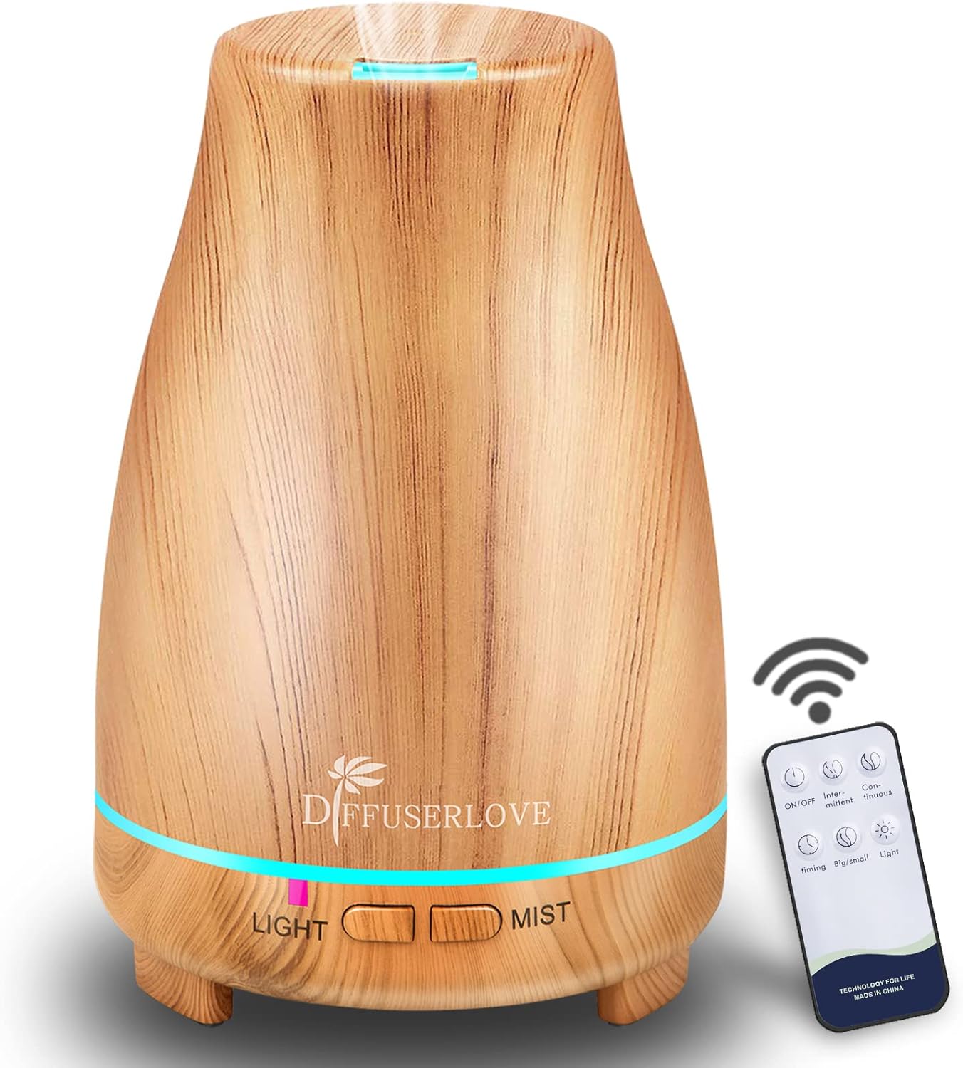 Diffuserlove Essential Oil Diffusers 200ML Diffuser Remote Control Aromatherapy Diffuser with 7 Color Lights, Auto Shut-Off for Bedroom Office Kitchen (Yellow Wood Grain)