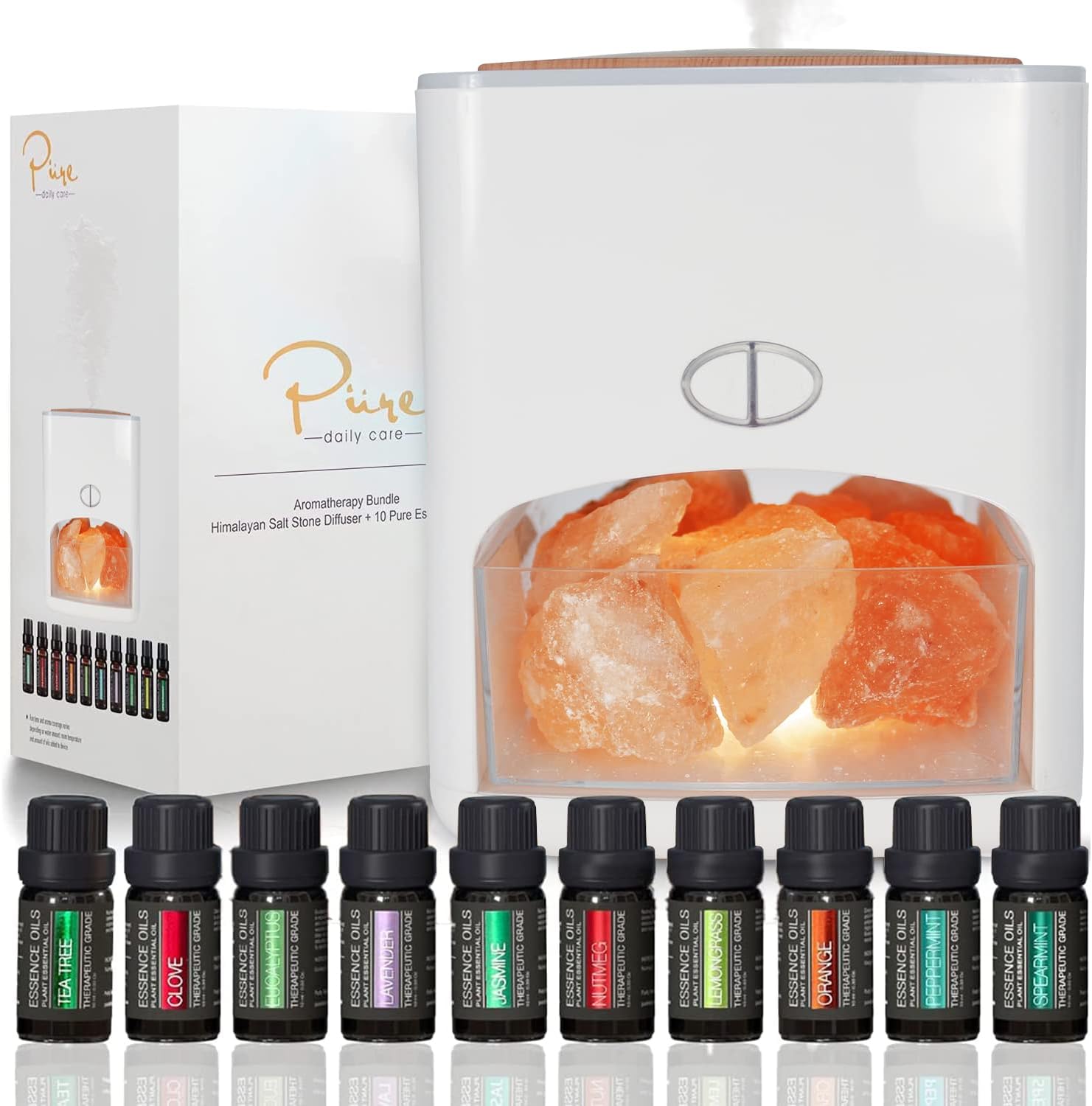 Pure Daily Care Himalayan Pink Salt Diffuser & 10 Essential Oils  2-in-1 Therapeutic Device - Aromatherapy & Ionic Himalayan Salt Therapy  400ml Ultrasonic Vaporizer and Ionizer (White)