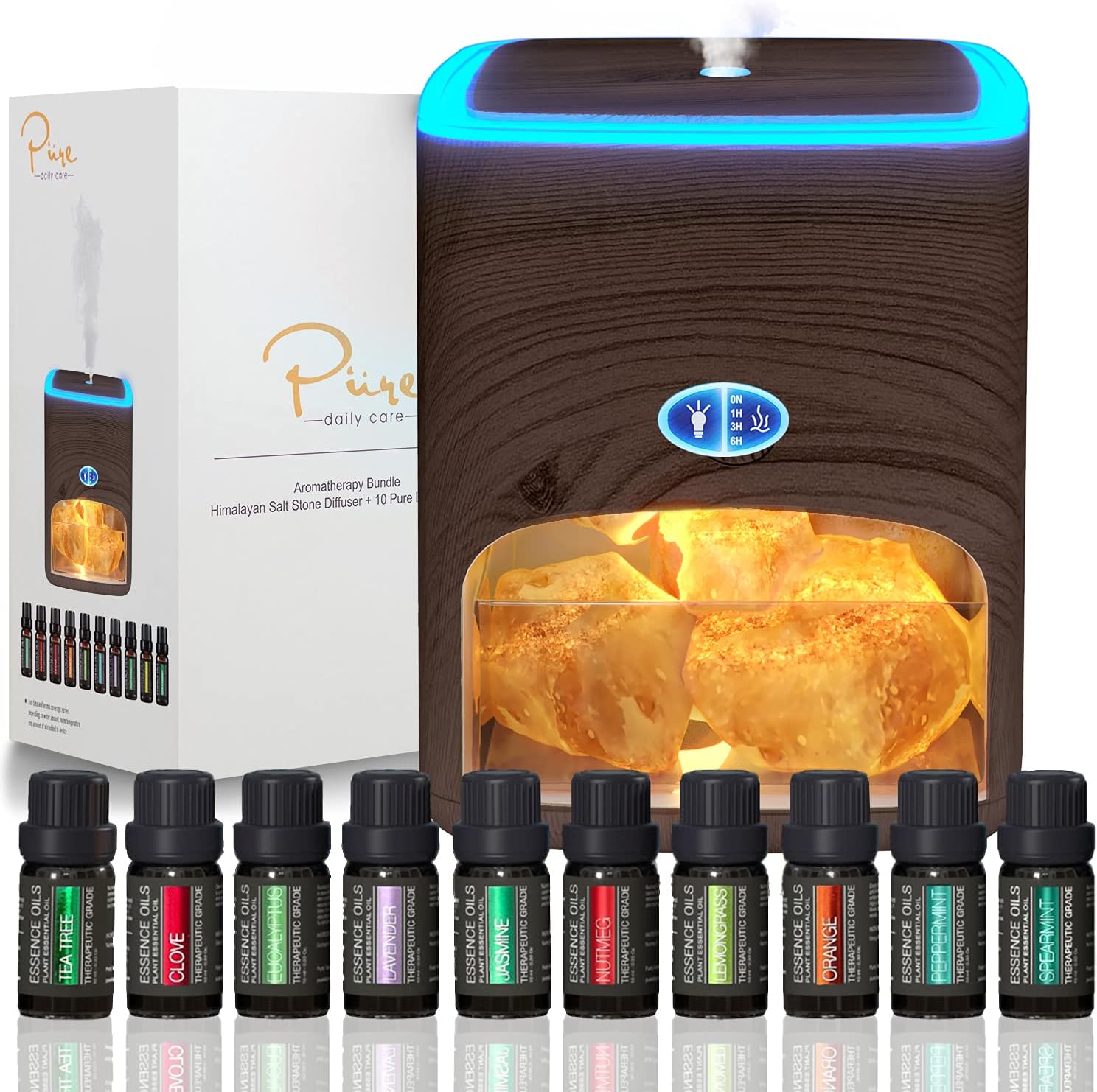 Himalayan Pink Salt Diffuser & 10 Essential Oils  2-in-1 Therapeutic Device - Aromatherapy & Ionic Himalayan Salt Therapy  400ml Ultrasonic Vaporizer and Ionizer with Ambient Glow (Dark)